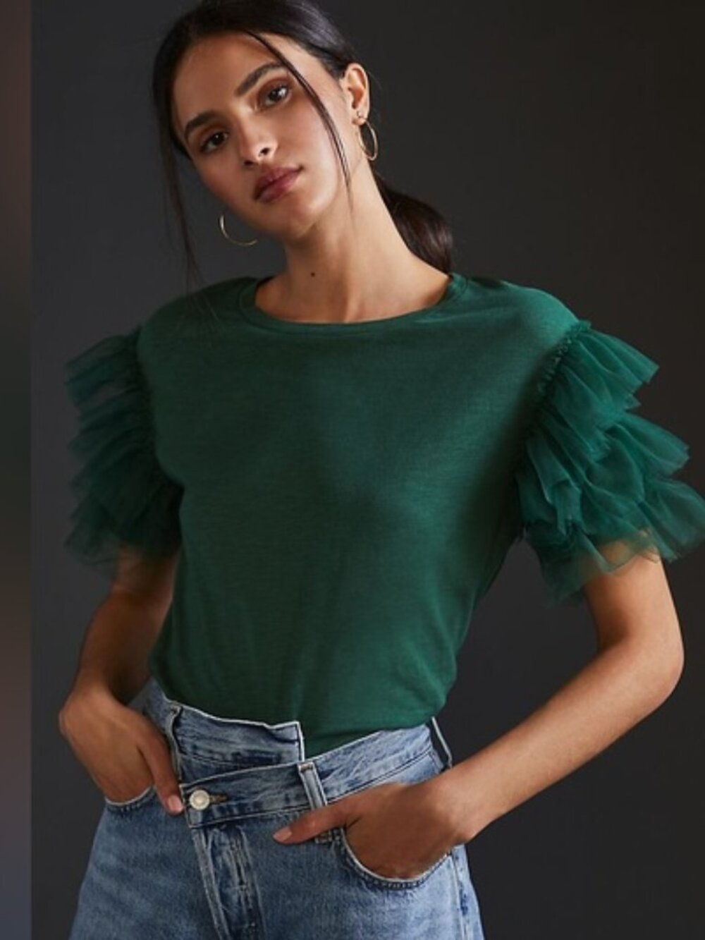 Anthropologie Lea & Viola Green Cotton Top Tulle Ruffle Statement Sleeves Size M